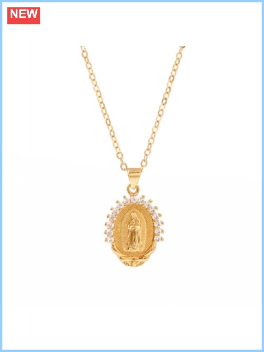 14K Gold Plated Virgin Mary Pendant Necklace Cubic Zirconia Catholic